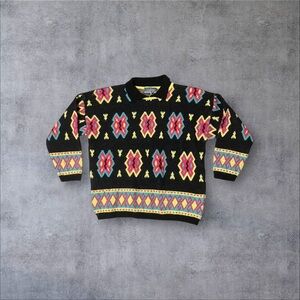 Black Pink Blue Yellow Pattern Collared Knit Sweater